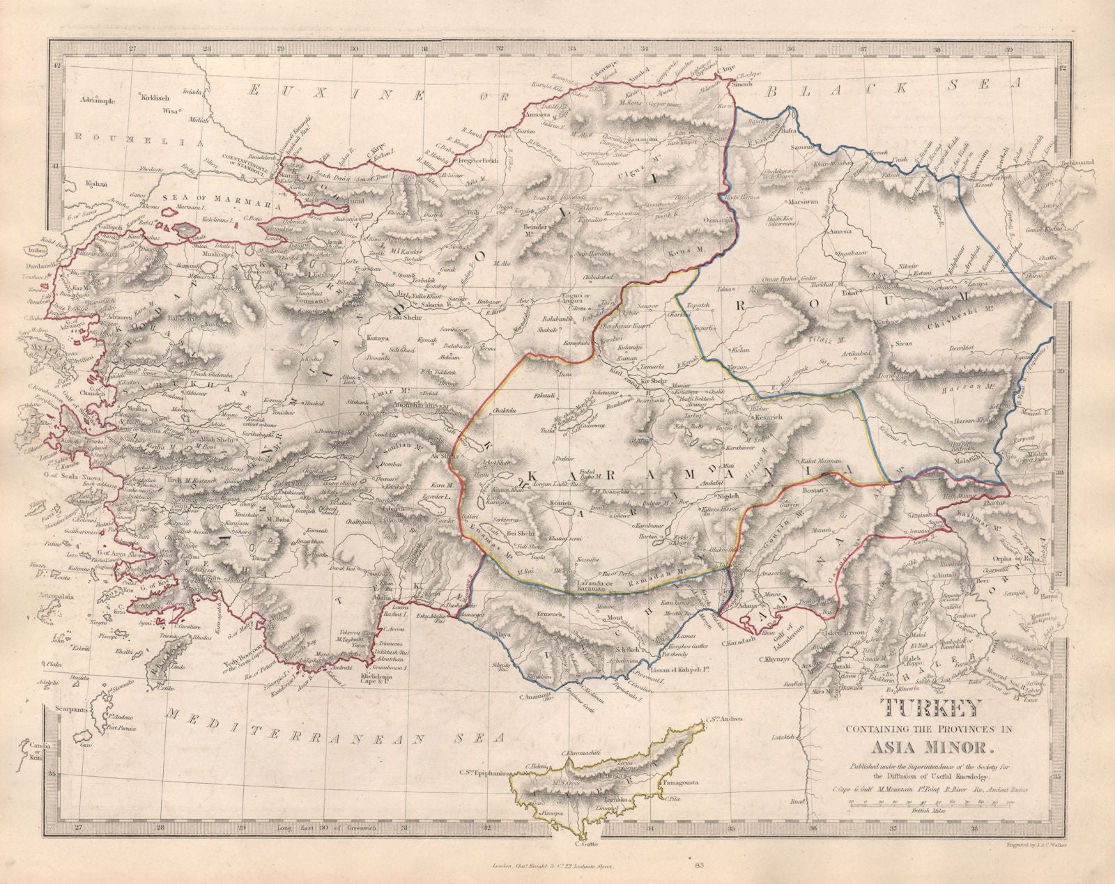 TURKEY. Asia Minor provinces. Karamania Adana Cyprus Itchi. SDUK 1846 old map